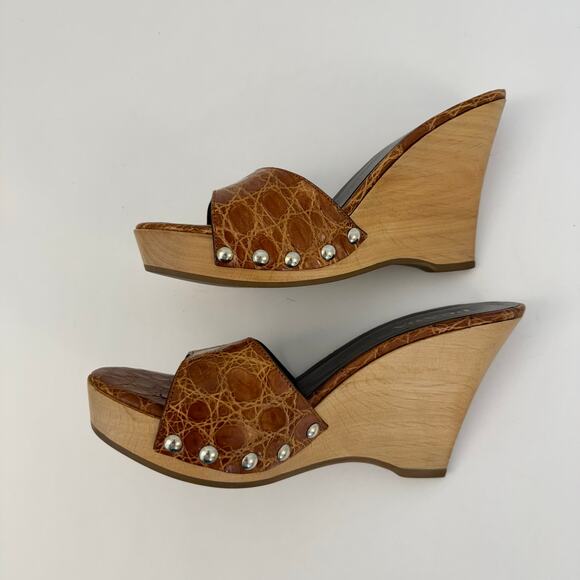 Prada Wedge Platform Clogs Heels Cognac Croc Leather Open-Toe Brown 38 (US 8) - Picture 6 of 13